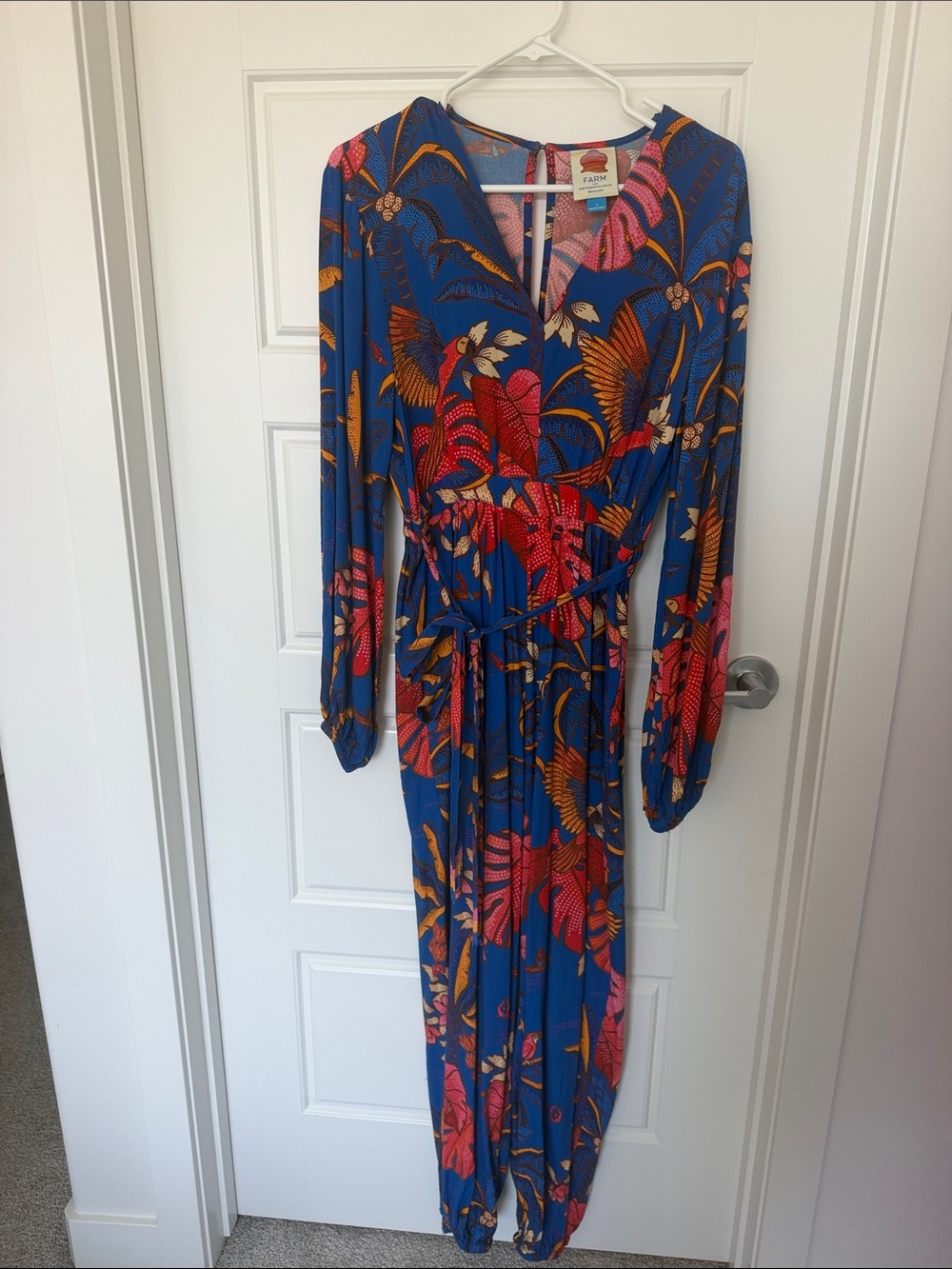 FARM Rio Royal Blue Tropical jumpsuit with Pink & Orange birds and leaves